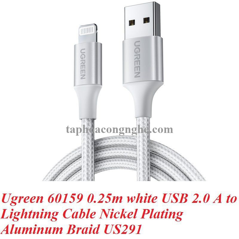 Ugreen 60159 0.25m màu trắng cáp USB 2.0 A ra Lightning MFI đầu bọc nhôm mà nickel chống nhiễu 25cm US291 30060159